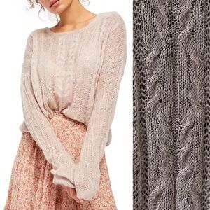 NWT Free People Angel Soft Pink Sheer Crochet Oversized Sweater Coquette Boho  L